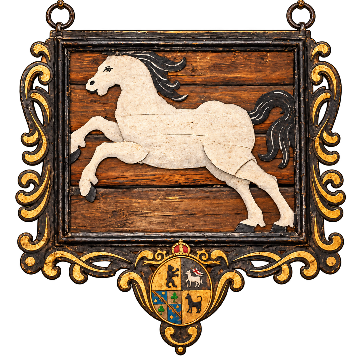 Das Pferdezeichen des Hauses mit vergoldetem Rankwerk und Wappen