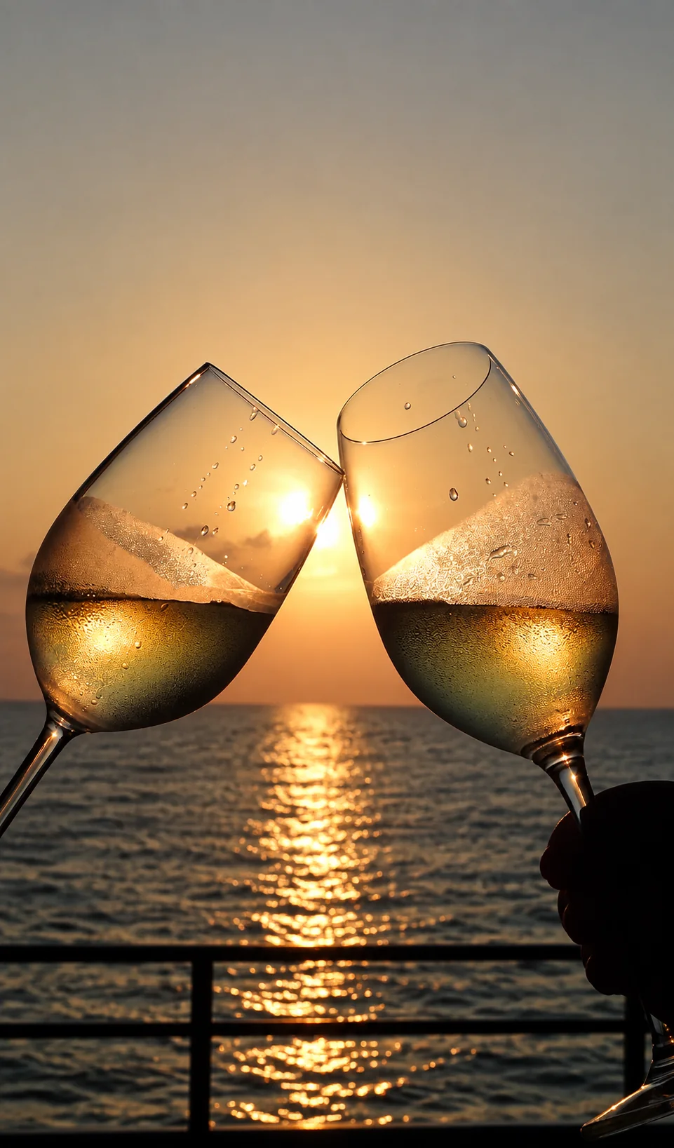 Zwei Weissweingläser stossen vor einem Sonnenuntergang über dem Wasser an